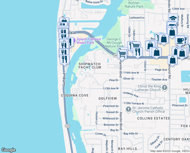 map of restaurants, bars, coffee shops, grocery stores, and more near 11455 Harbor Way in Largo