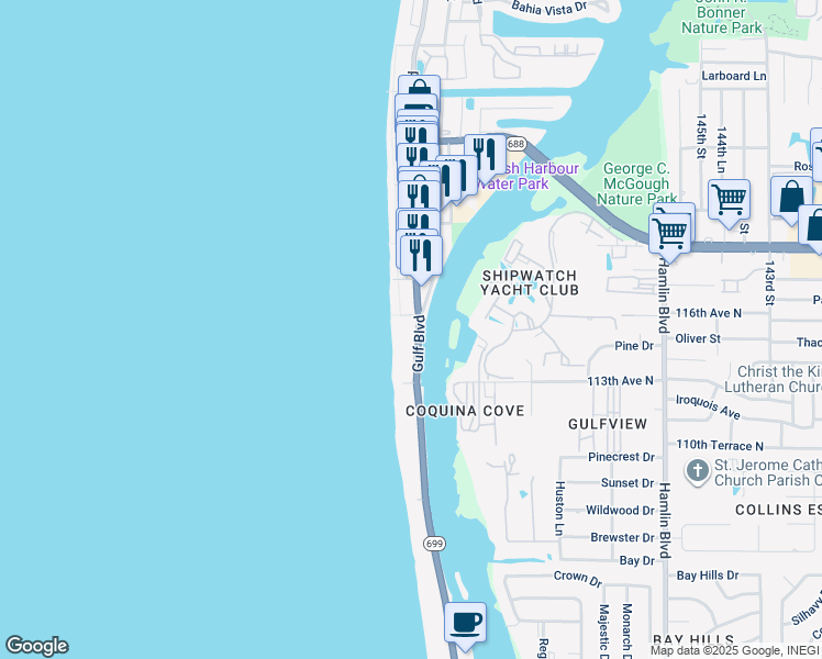 map of restaurants, bars, coffee shops, grocery stores, and more near 76 Gulf Boulevard in Indian Rocks Beach