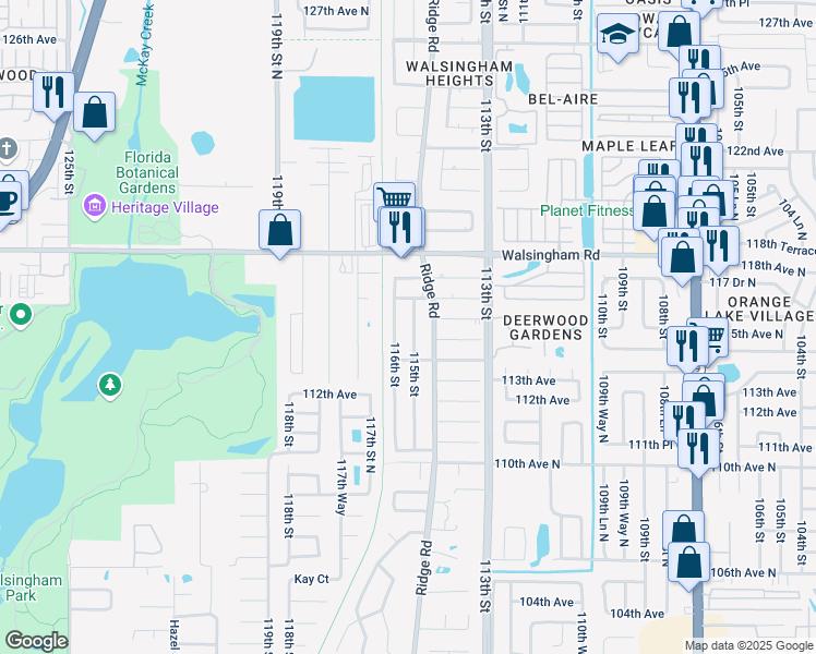 map of restaurants, bars, coffee shops, grocery stores, and more near 11496 115th Street in Largo