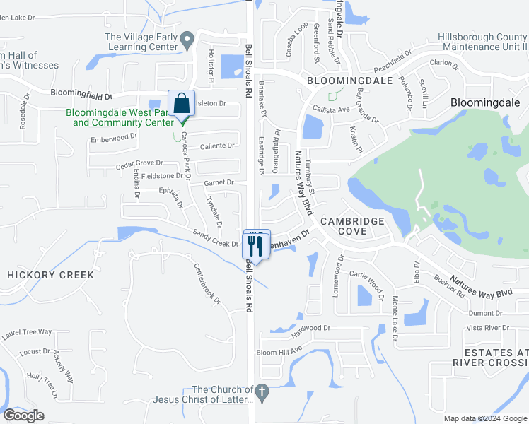 map of restaurants, bars, coffee shops, grocery stores, and more near 4115 Spring Way Circle in Valrico