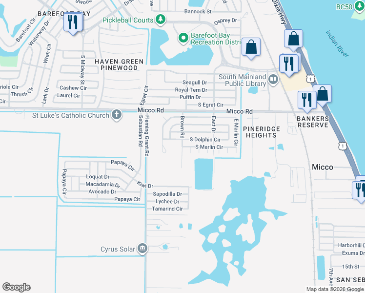 map of restaurants, bars, coffee shops, grocery stores, and more near 351 South Marlin Circle in Micco