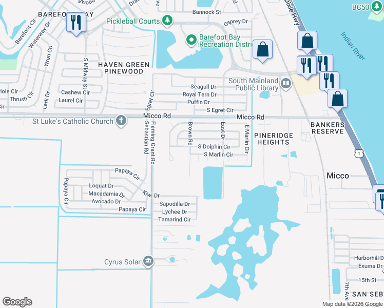 map of restaurants, bars, coffee shops, grocery stores, and more near 351 South Marlin Circle in Micco
