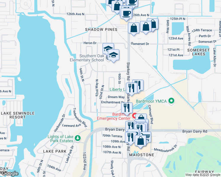 map of restaurants, bars, coffee shops, grocery stores, and more near 9101 Southern Comfort Drive in Largo