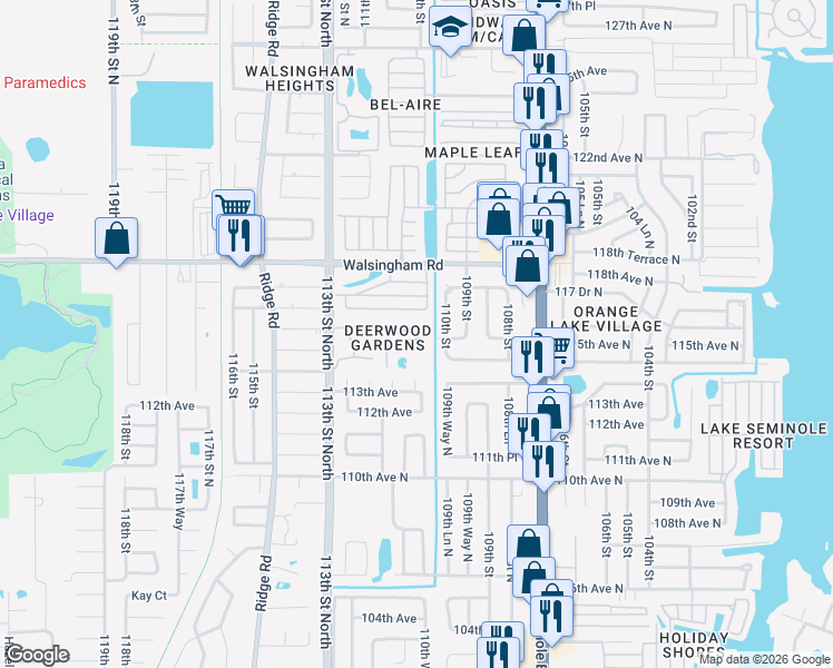 map of restaurants, bars, coffee shops, grocery stores, and more near 11511 113th Street North in Seminole