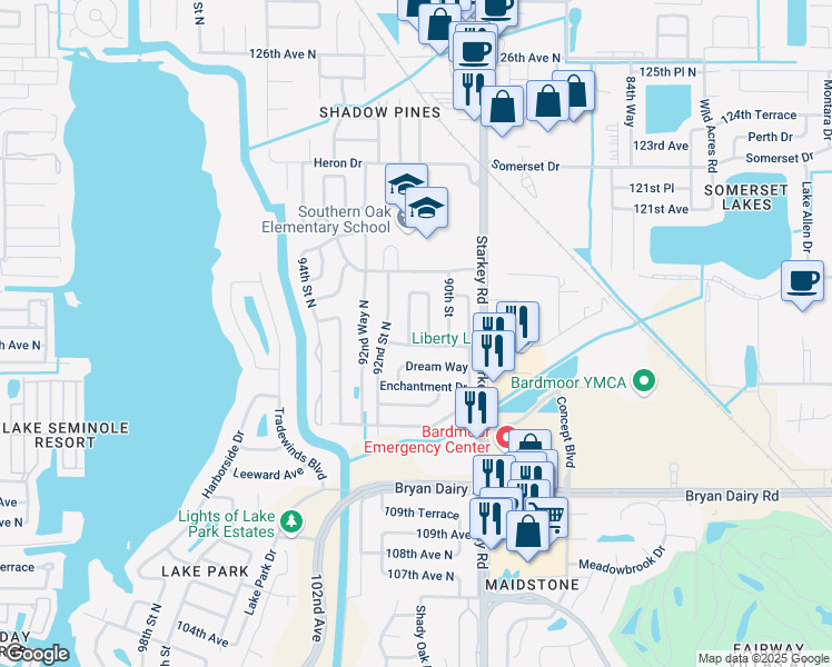 map of restaurants, bars, coffee shops, grocery stores, and more near 9101 Southern Comfort Drive in Largo