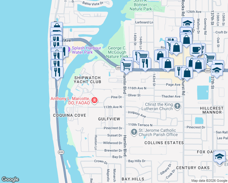 map of restaurants, bars, coffee shops, grocery stores, and more near 14701 Shipwatch Trce in Largo