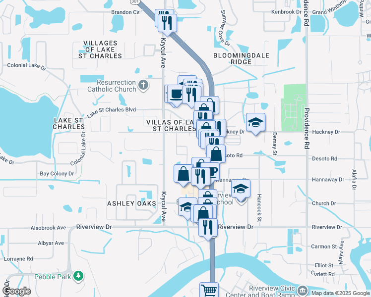 map of restaurants, bars, coffee shops, grocery stores, and more near 10509 Marsanne Place in Riverview