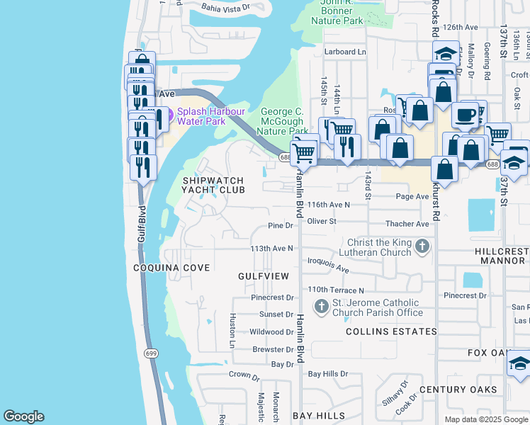 map of restaurants, bars, coffee shops, grocery stores, and more near 14740 Shipwatch Trce in Largo