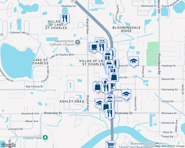 map of restaurants, bars, coffee shops, grocery stores, and more near 7014 Krycul Avenue in Riverview