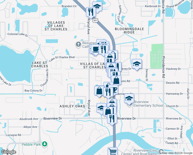 map of restaurants, bars, coffee shops, grocery stores, and more near 10501 Marsanne Place in Riverview