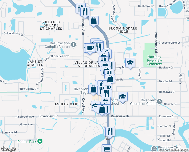 map of restaurants, bars, coffee shops, grocery stores, and more near 10509 Marsanne Place in Riverview