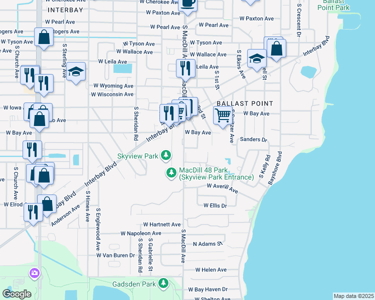 map of restaurants, bars, coffee shops, grocery stores, and more near 6307 South MacDill Avenue in Tampa