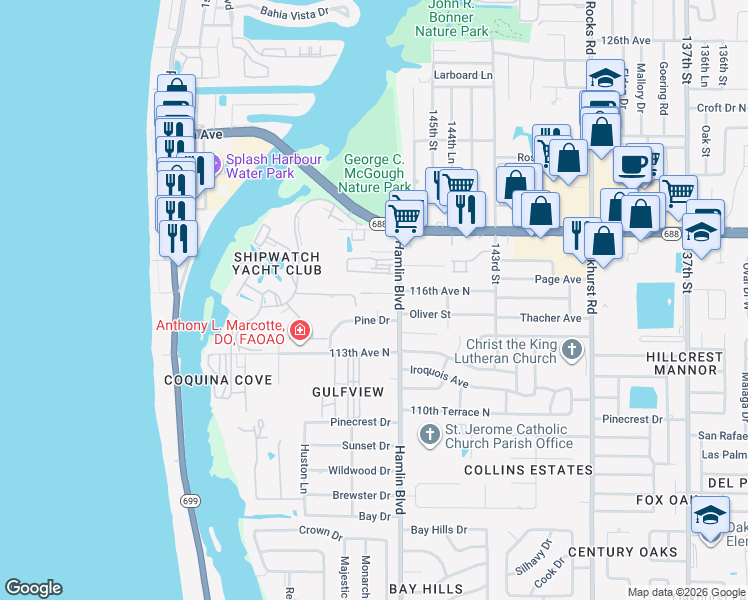 map of restaurants, bars, coffee shops, grocery stores, and more near 14701 Shipwatch Trce in Largo