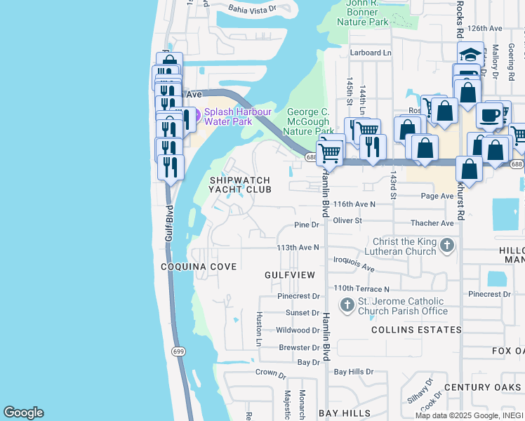 map of restaurants, bars, coffee shops, grocery stores, and more near 11455 Harbor Way in Largo