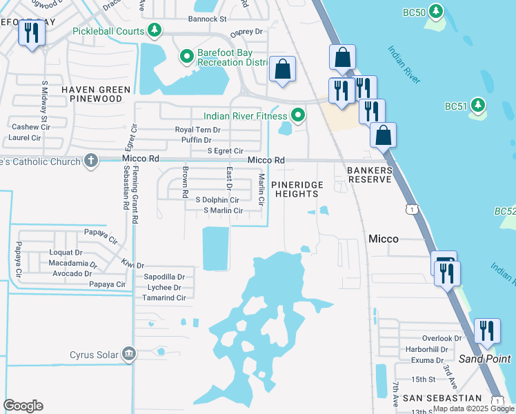map of restaurants, bars, coffee shops, grocery stores, and more near 441 Marlin Circle in Sebastian