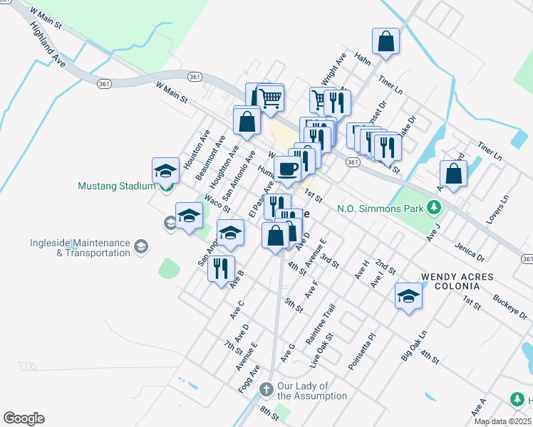 map of restaurants, bars, coffee shops, grocery stores, and more near 2738 Dallas Avenue in Ingleside