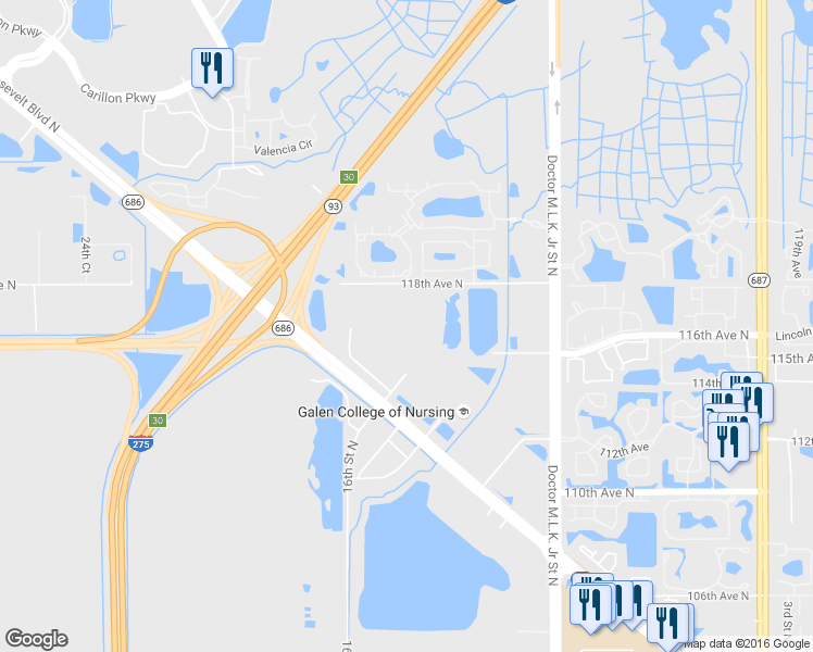 map of restaurants, bars, coffee shops, grocery stores, and more near 11400 16th Ct N in St Petersburg