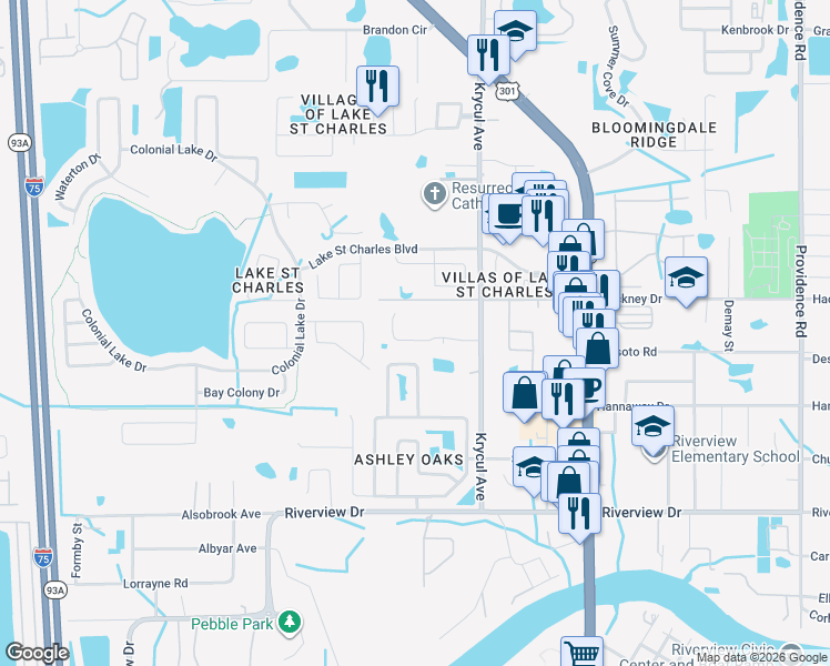 map of restaurants, bars, coffee shops, grocery stores, and more near 10420 Kankakee Lane in Riverview