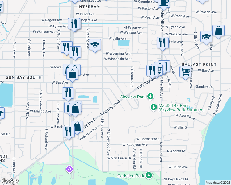 map of restaurants, bars, coffee shops, grocery stores, and more near 6226 Interbay Avenue in Tampa
