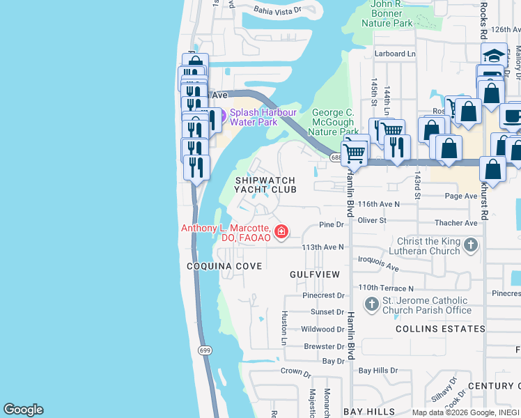 map of restaurants, bars, coffee shops, grocery stores, and more near 11425 Shipwatch Lane in Largo