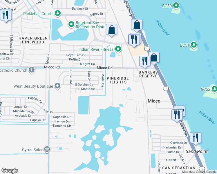 map of restaurants, bars, coffee shops, grocery stores, and more near 8240 Pine Ridge Trail in Sebastian