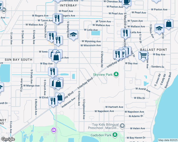 map of restaurants, bars, coffee shops, grocery stores, and more near 6226 Interbay Avenue in Tampa