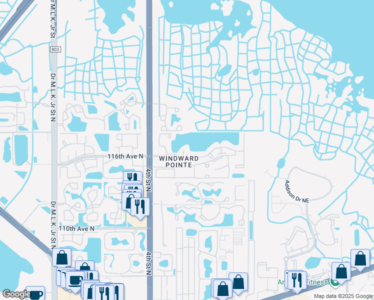 map of restaurants, bars, coffee shops, grocery stores, and more near 11601 4th Street North in Saint Petersburg