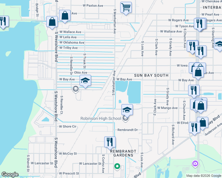 map of restaurants, bars, coffee shops, grocery stores, and more near 6235 South Manhattan Avenue in Tampa