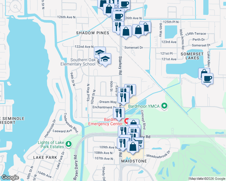 map of restaurants, bars, coffee shops, grocery stores, and more near 11500 90th Street in Largo