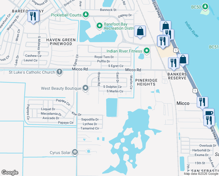 map of restaurants, bars, coffee shops, grocery stores, and more near 368 Dolphin Circle in Sebastian
