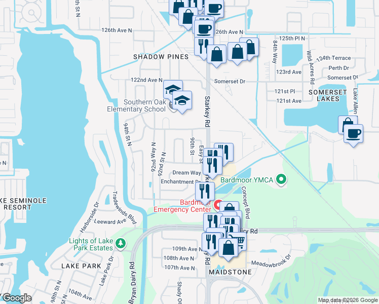 map of restaurants, bars, coffee shops, grocery stores, and more near 11500 90th Street in Largo