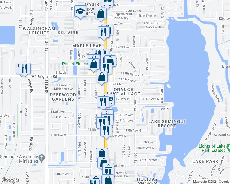 map of restaurants, bars, coffee shops, grocery stores, and more near 10591 116 Terrace North in Largo