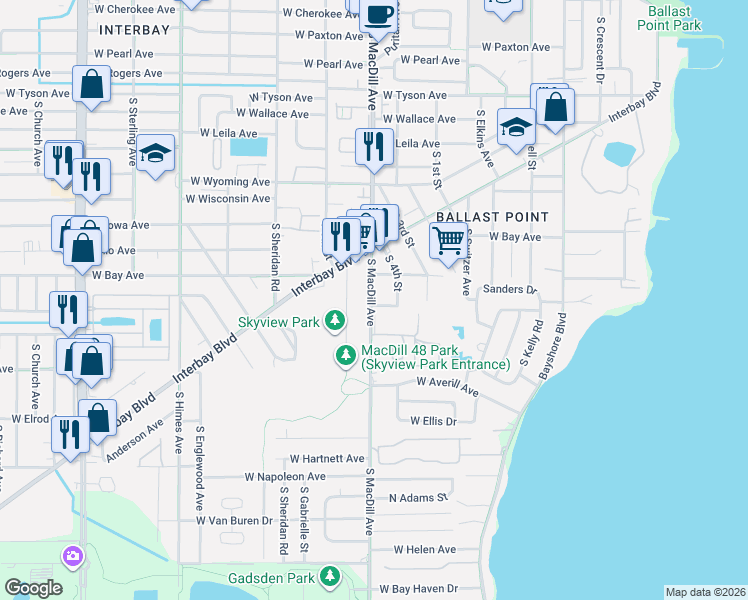 map of restaurants, bars, coffee shops, grocery stores, and more near 6307 South MacDill Avenue in Tampa