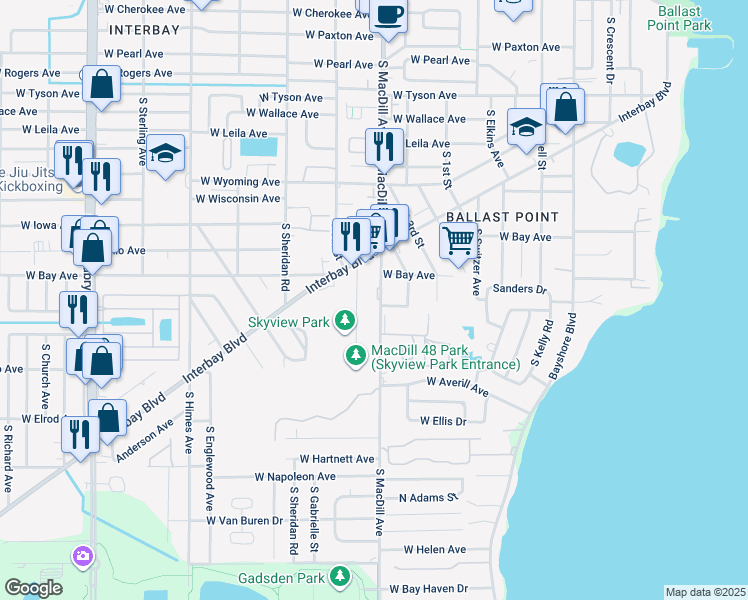 map of restaurants, bars, coffee shops, grocery stores, and more near 6307 South MacDill Avenue in Tampa
