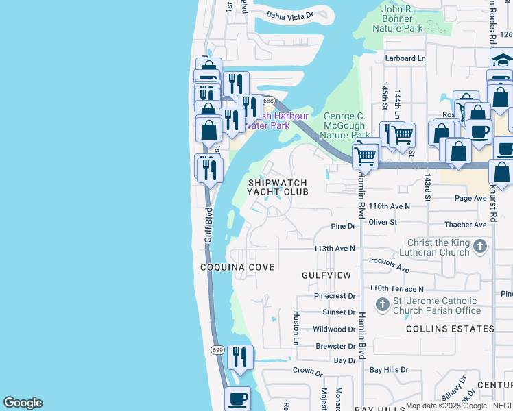 map of restaurants, bars, coffee shops, grocery stores, and more near 11425 Shipwatch Lane in Largo