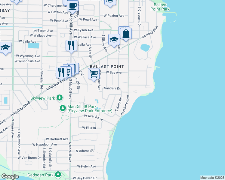 map of restaurants, bars, coffee shops, grocery stores, and more near 2805 Sanders Drive in Tampa