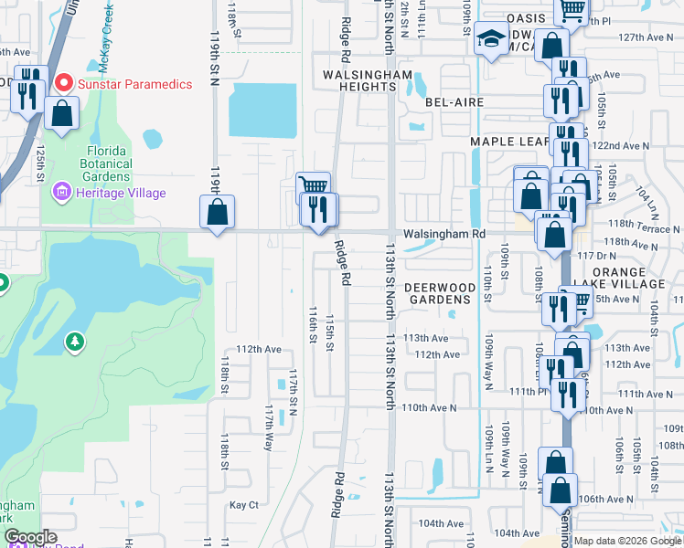 map of restaurants, bars, coffee shops, grocery stores, and more near 11428 117th Avenue in Largo