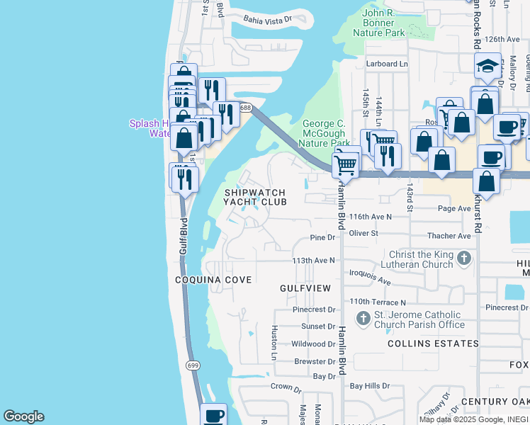 map of restaurants, bars, coffee shops, grocery stores, and more near 14740 Shipwatch Trce in Largo