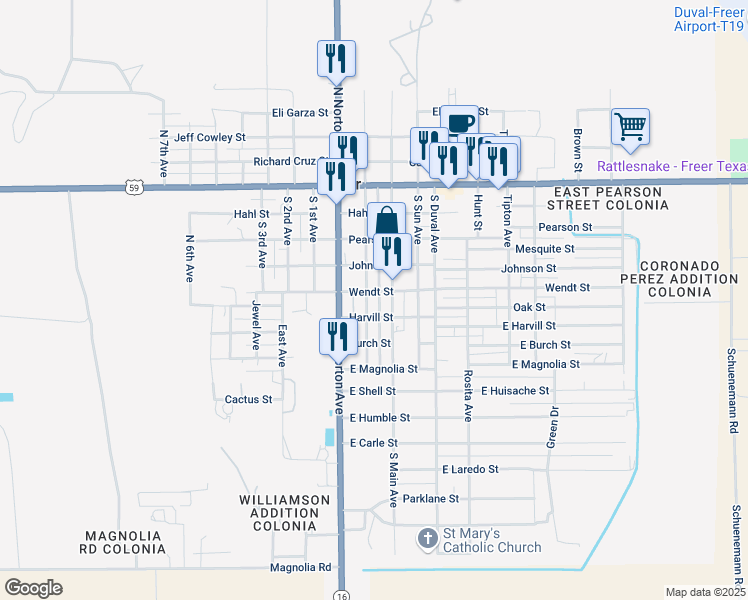 map of restaurants, bars, coffee shops, grocery stores, and more near 413 South Main Avenue in Freer