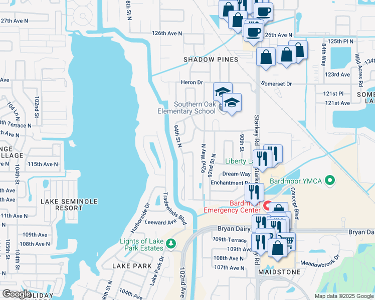 map of restaurants, bars, coffee shops, grocery stores, and more near 9365 116th Avenue in Largo