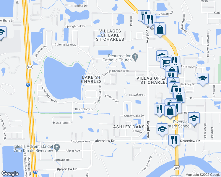 map of restaurants, bars, coffee shops, grocery stores, and more near 10118 Somersby Drive in Riverview