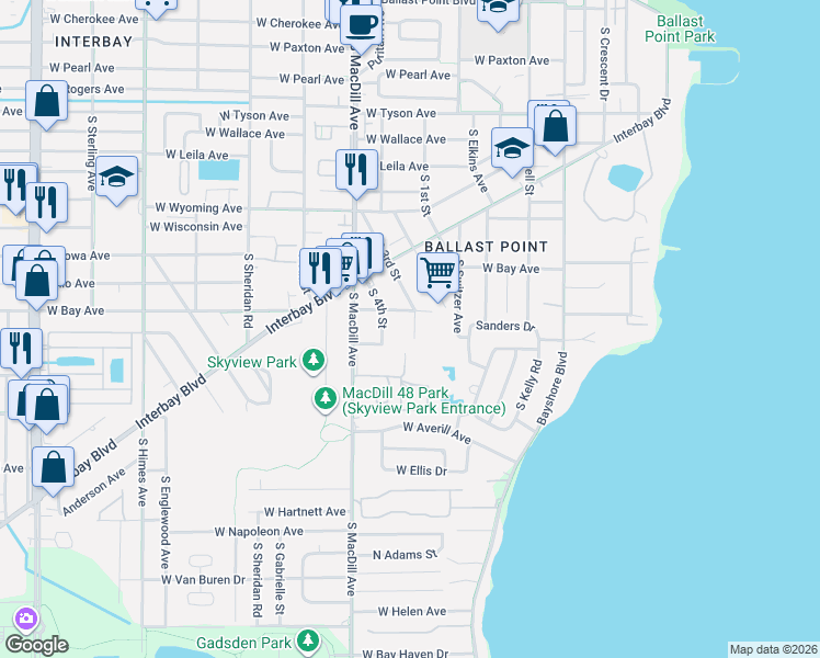 map of restaurants, bars, coffee shops, grocery stores, and more near 6102 South 4th Street in Tampa
