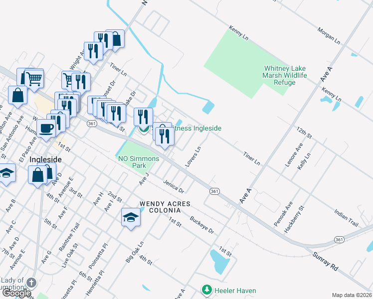 map of restaurants, bars, coffee shops, grocery stores, and more near 2942 Lakeview West Drive in Ingleside