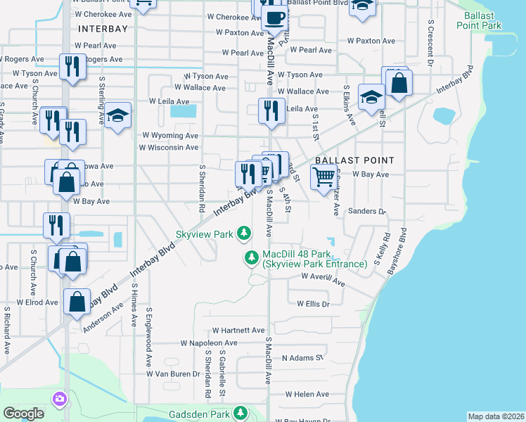 map of restaurants, bars, coffee shops, grocery stores, and more near 6110 Interbay Boulevard in Tampa