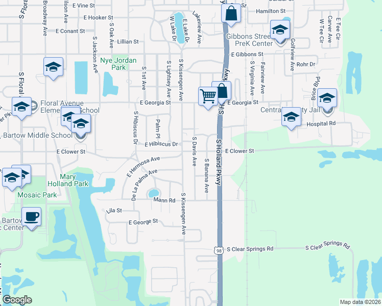 map of restaurants, bars, coffee shops, grocery stores, and more near 1290 East Clower Street in Bartow