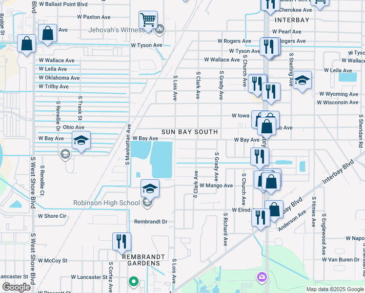 map of restaurants, bars, coffee shops, grocery stores, and more near 4108 West Bay Avenue in Tampa