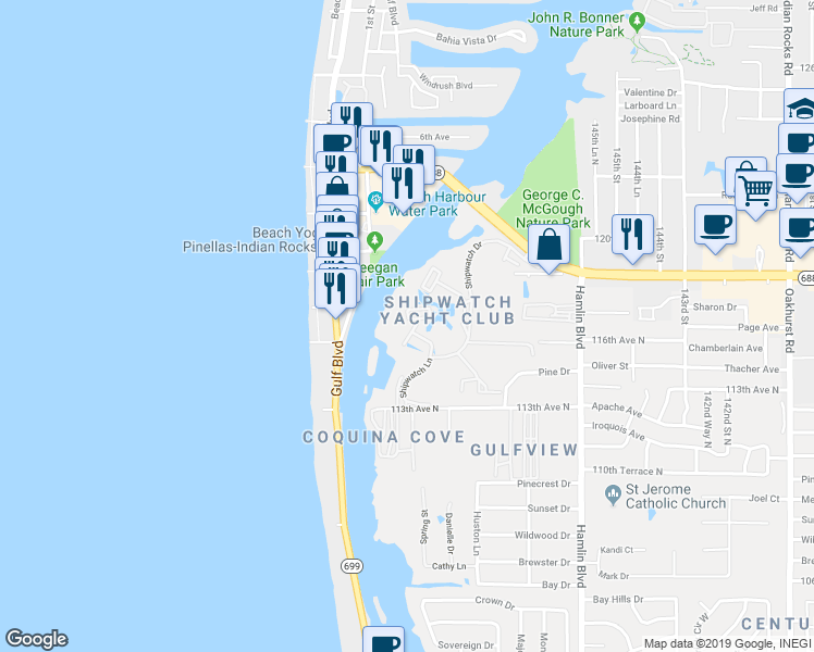 map of restaurants, bars, coffee shops, grocery stores, and more near 11541 Shipwatch Way in Largo