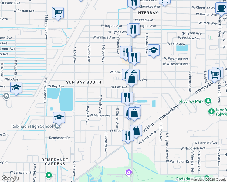 map of restaurants, bars, coffee shops, grocery stores, and more near 6202 South Adelia Avenue in Tampa
