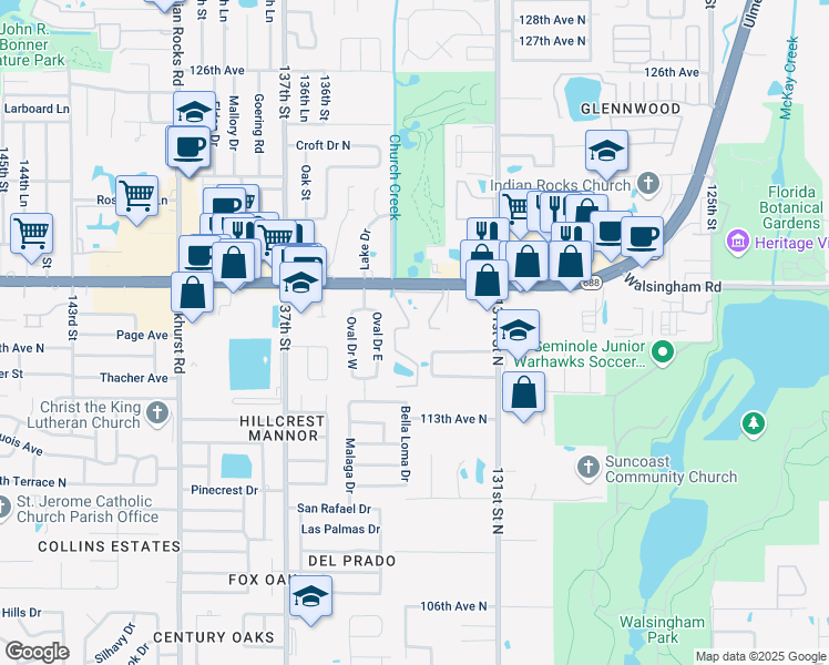 map of restaurants, bars, coffee shops, grocery stores, and more near 13300 Walsingham Road in Largo