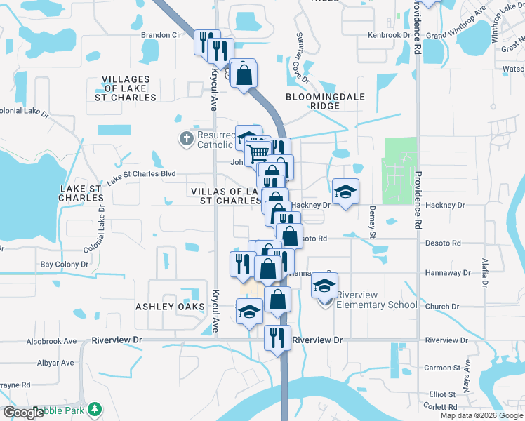 map of restaurants, bars, coffee shops, grocery stores, and more near 7007 Florida 43 in Riverview